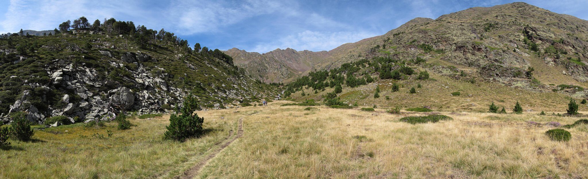 GR11 crossing the high meadow towards Les Canyorques and Coma Pedrosa.