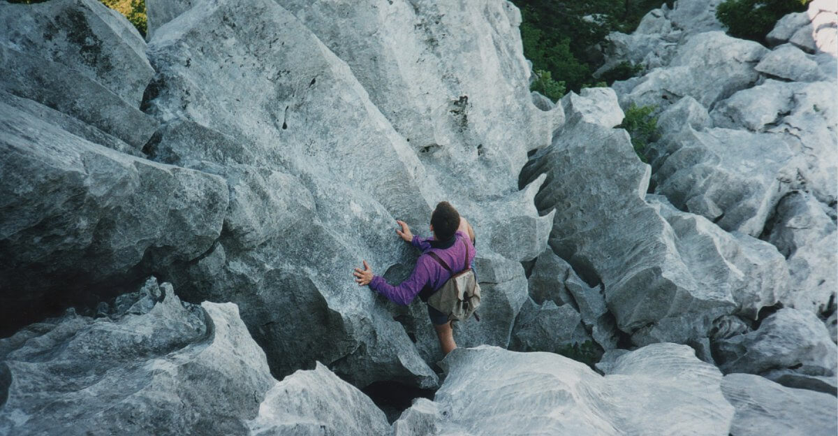 The fluted limestone scramble up Kamenjak's western ridge.