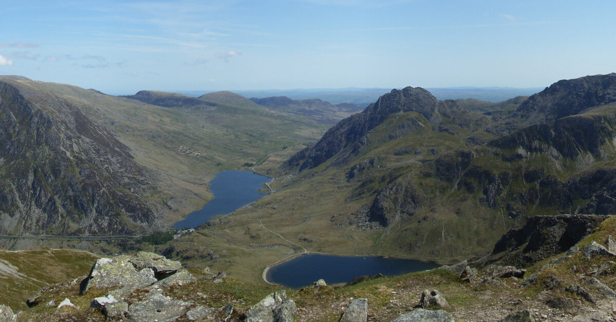 The Ogwen valley with the Carneddau to the left, Llyn Ogwen centre left, Tryfan, and a rise up to the Glyders to the right.