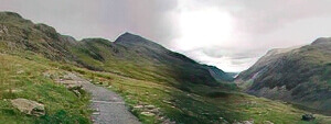 The Pyg Track climbs from Pen-y-Pass above the Llanberis Pass toward Bwlch y Moch.
